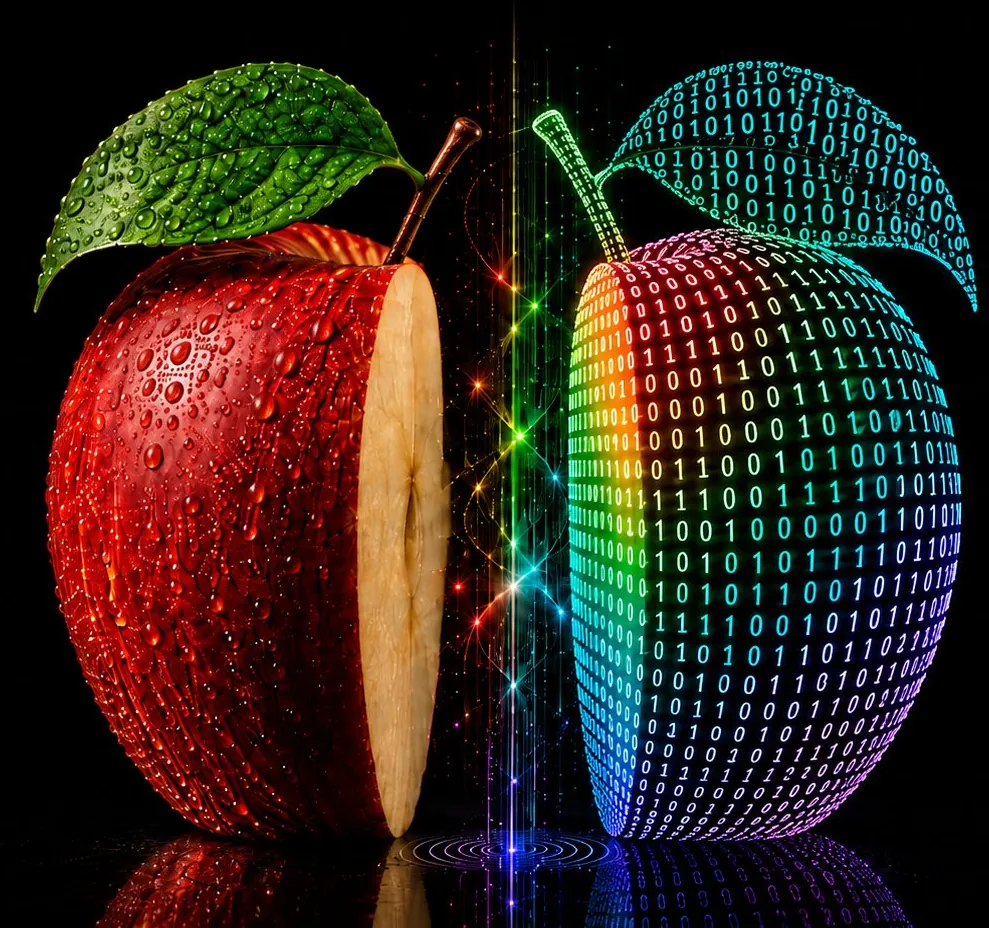 A physical apple transformed into a digital sphere built from binary digits