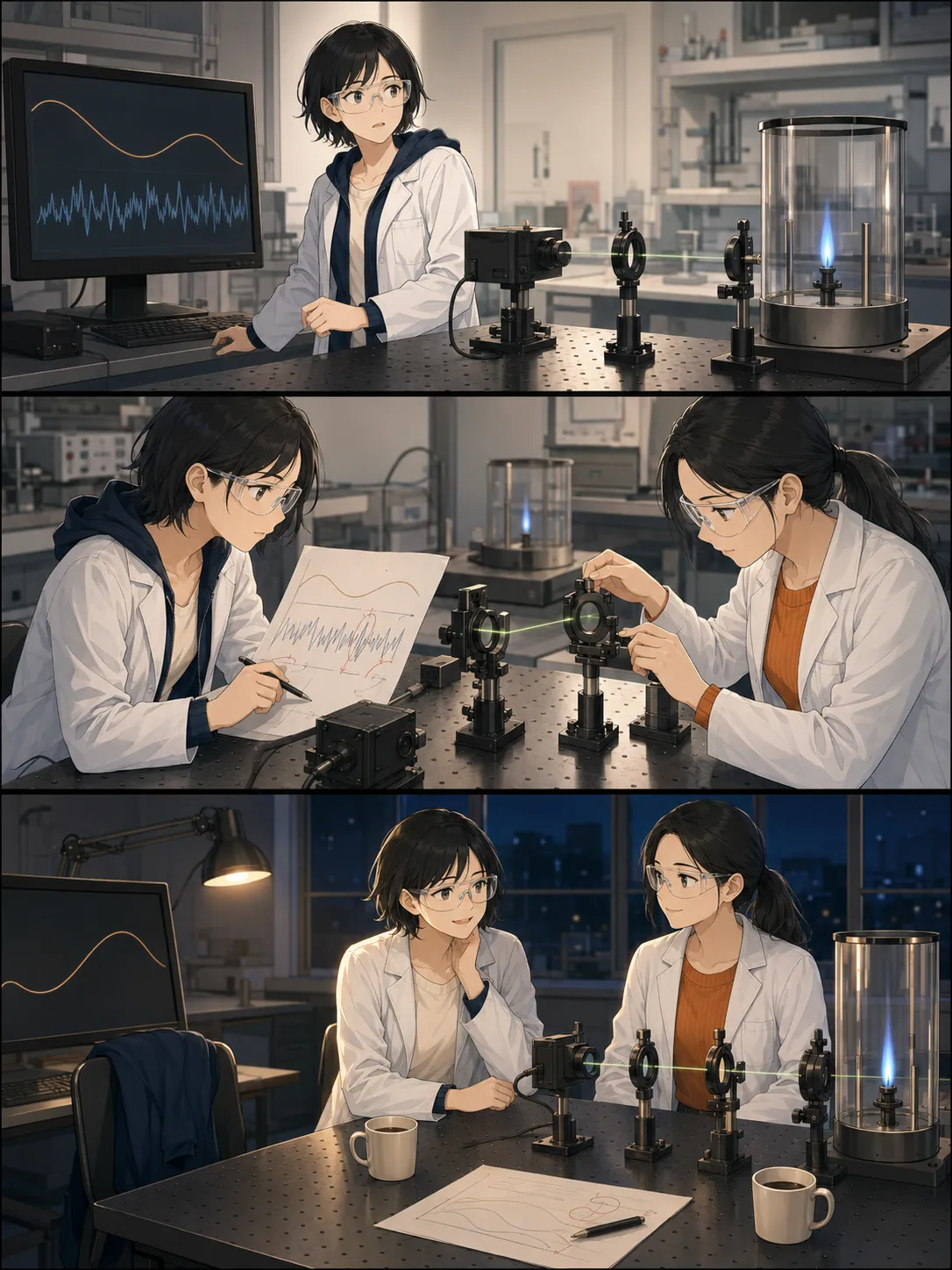 Two researchers checking the optical path and data after a signal failure, then rebuilding the setup at night