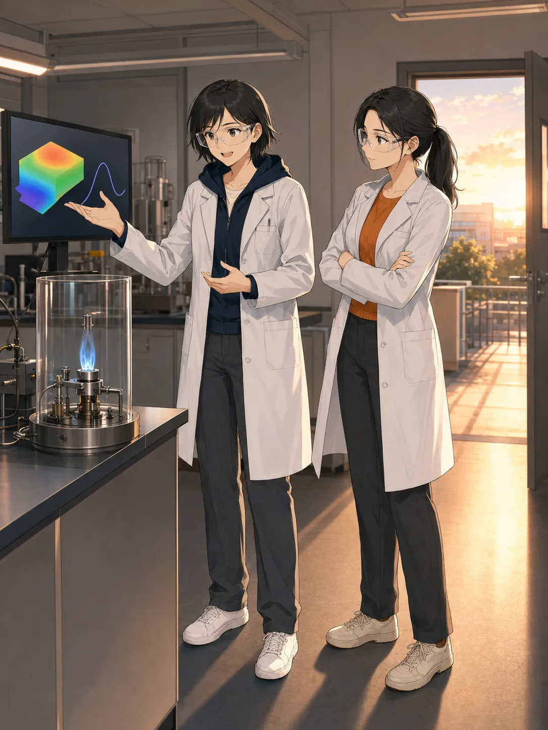 A researcher presenting clear data beside a stable blue flame and an open laboratory door