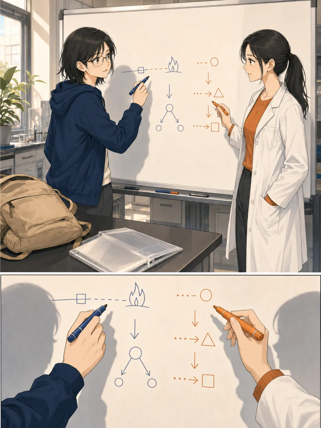 Two researchers at a whiteboard breaking down a problem into steps