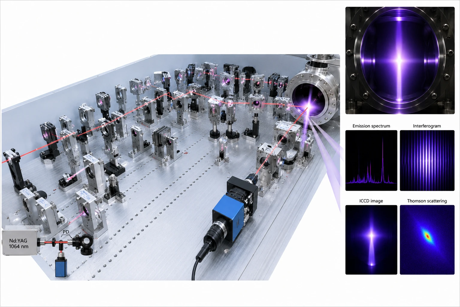 Ultrafast laser spectroscopy setup with plasma emission, interferometry and Thomson-scattering diagnostics
